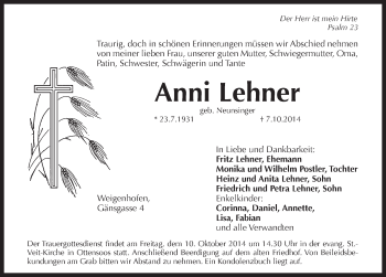 Traueranzeige von Anni Lehner von Pegnitz-Zeitung